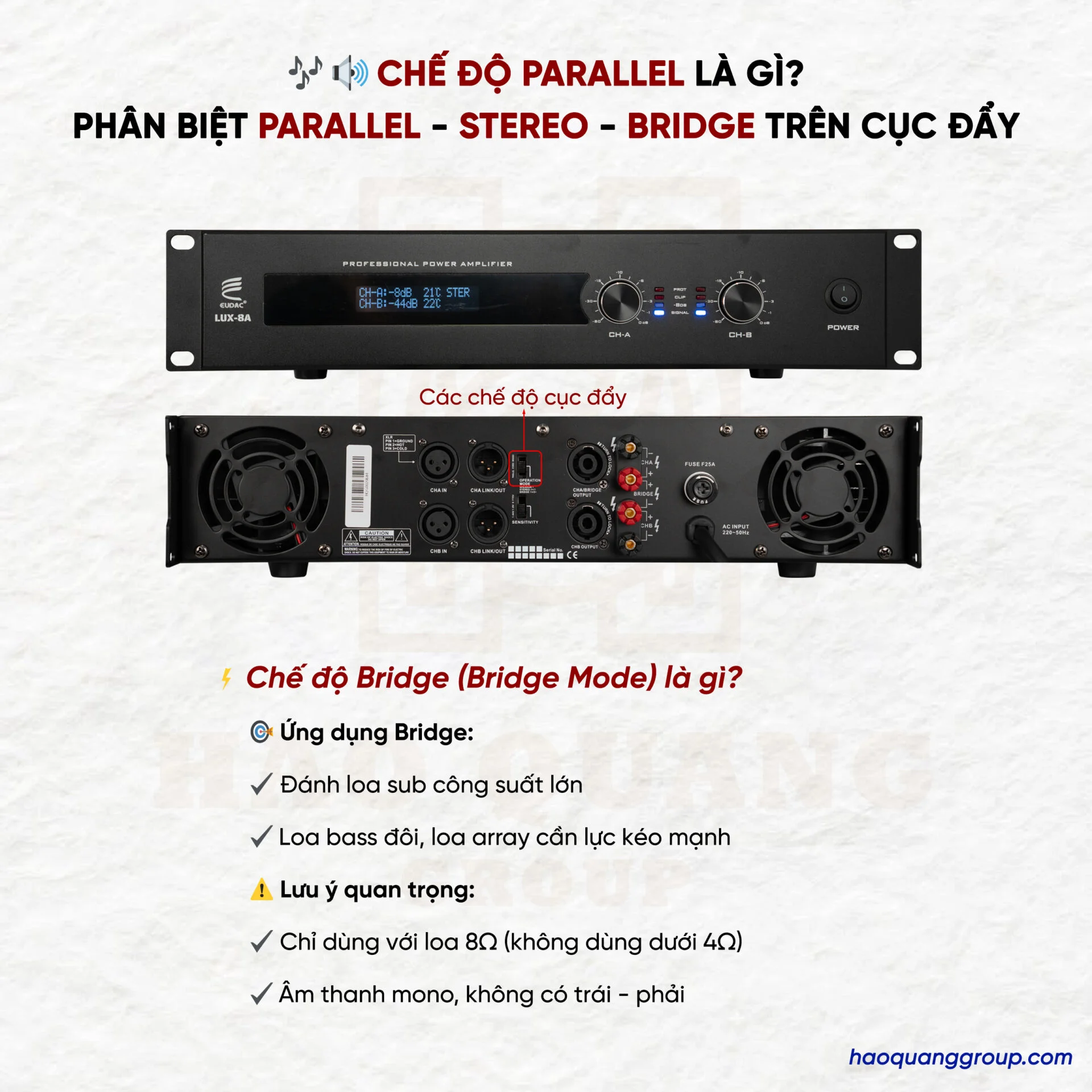 Chế độ Parallel là gì? Các chế độ parallel, stereo, bridge trên cục đẩy 9 Che do Parallel la gi Phan biet Parallel Stereo Bridge tren cuc day 4