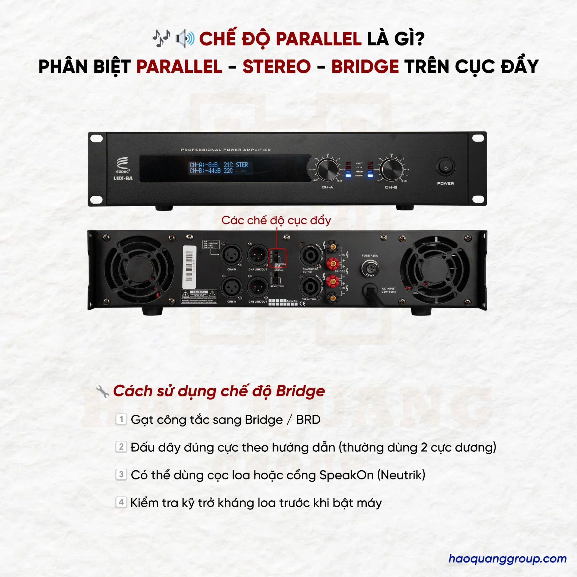 Chế độ Parallel là gì? Các chế độ parallel, stereo, bridge trên cục đẩy 10 Che do Parallel la gi Phan biet Parallel Stereo Bridge tren cuc day 5