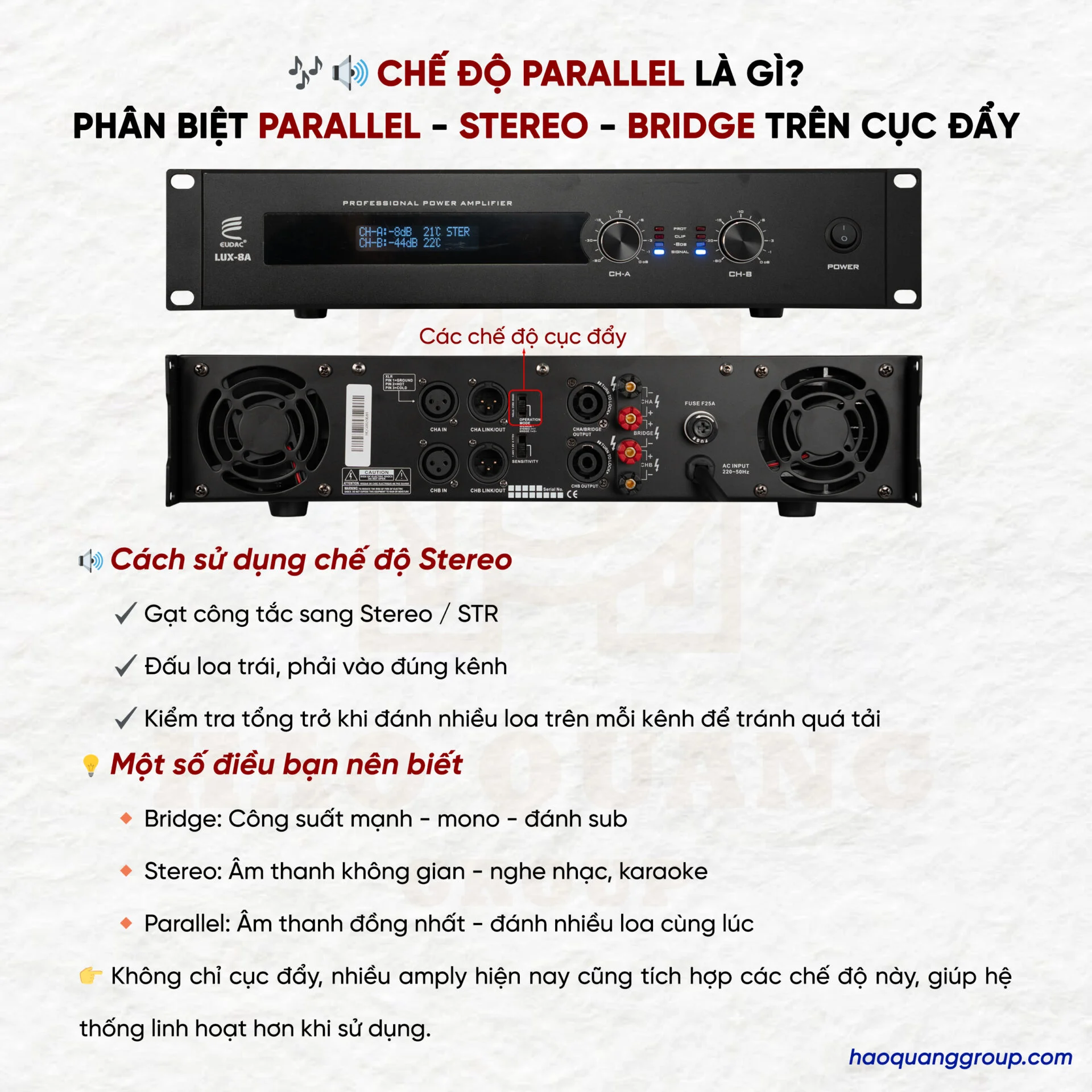 Chế độ Parallel là gì? Các chế độ parallel, stereo, bridge trên cục đẩy 12 Che do Parallel la gi Phan biet Parallel Stereo Bridge tren cuc day 7
