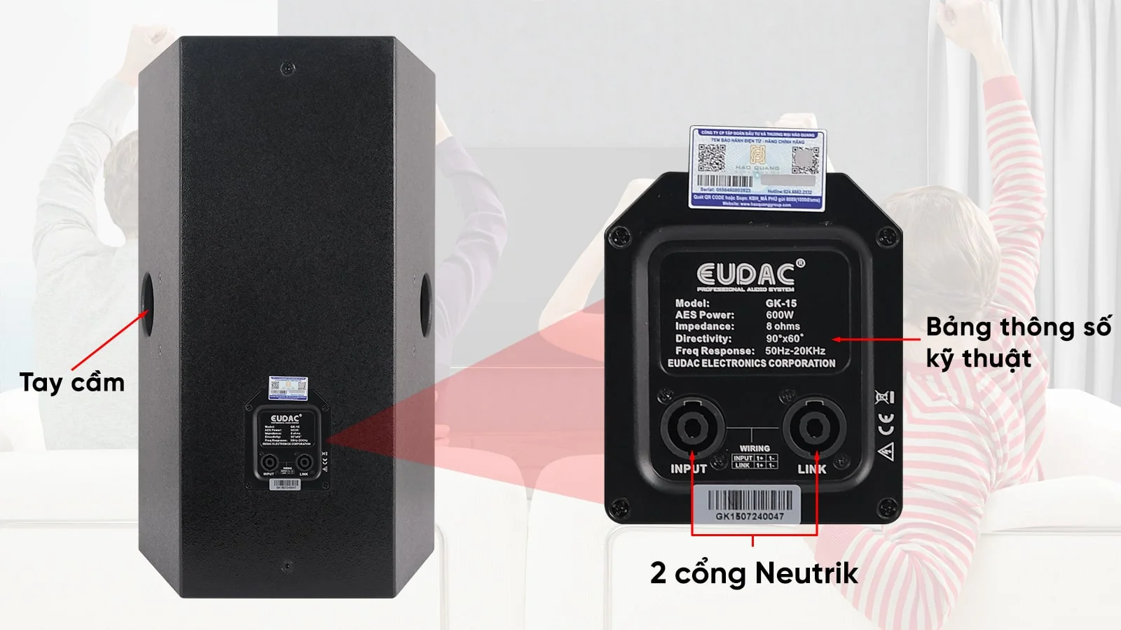 Loa Karaoke EUDAC AUDIO GK-15 8 Mặt sau của GK-15 được trang bị các cổng kết nối cùng bảng thông số kỹ thuật