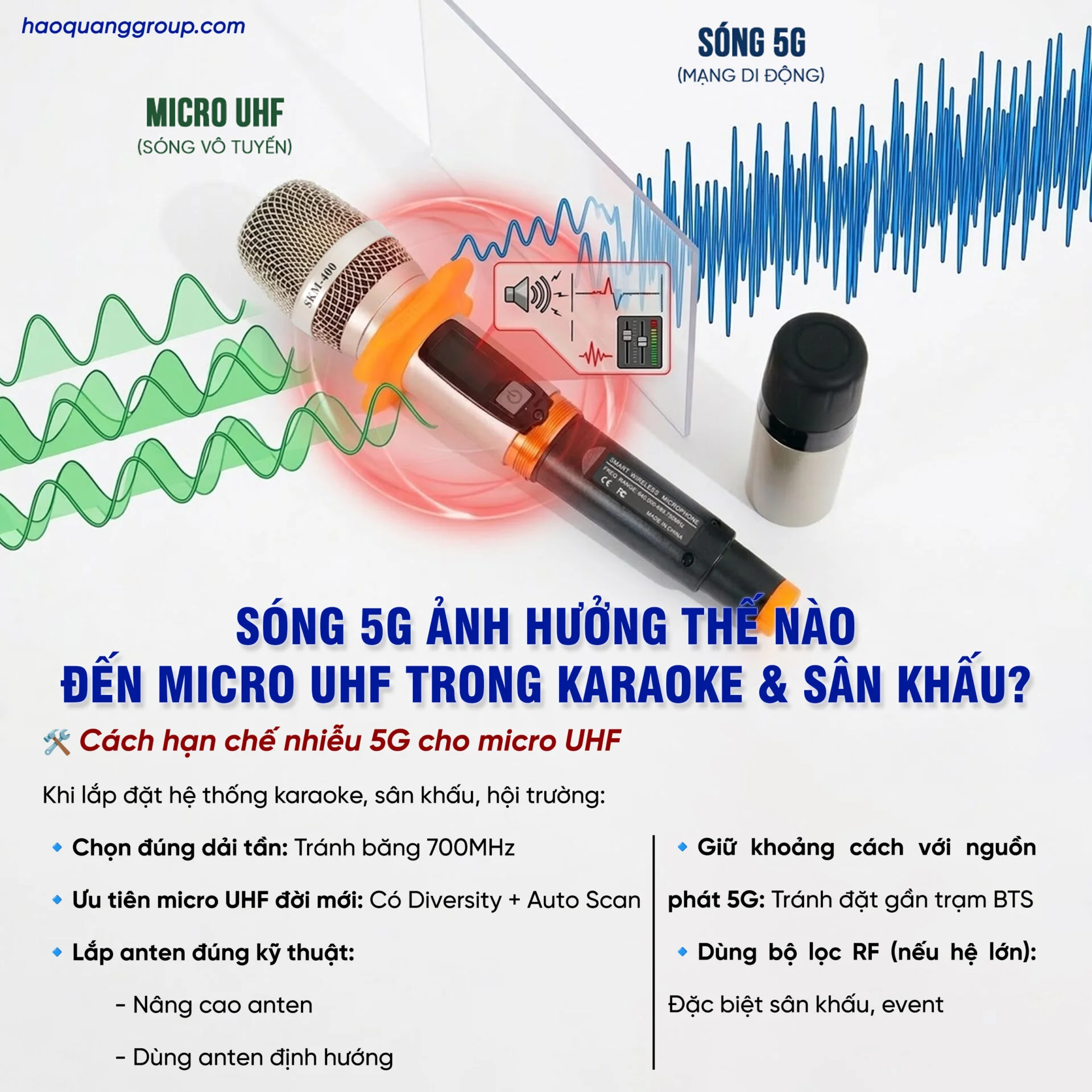 Sóng 5G ảnh hưởng như thế nào đến sóng UHF khi sử dụng micro karaoke, sân khấu? 8 Song 5G anh huong nhu the nao den song UHF khi su dung micro karaoke san khau 5