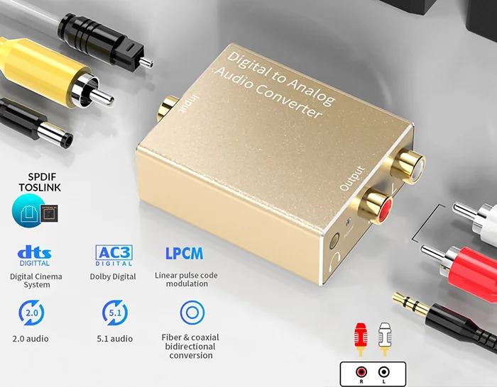 Bộ chuyển đổi âm thanh được phân loại theo tín hiệu đầu ra RCA và 3.5 là phổ biến nhất Bộ chuyển đổi âm thanh được phân loại theo tín hiệu đầu ra RCA và 3.5 là phổ biến nhất